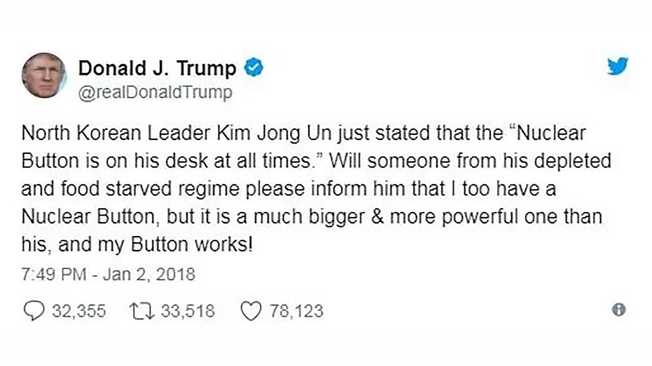 Image result for trump tweet threatens north korea with nuclear button