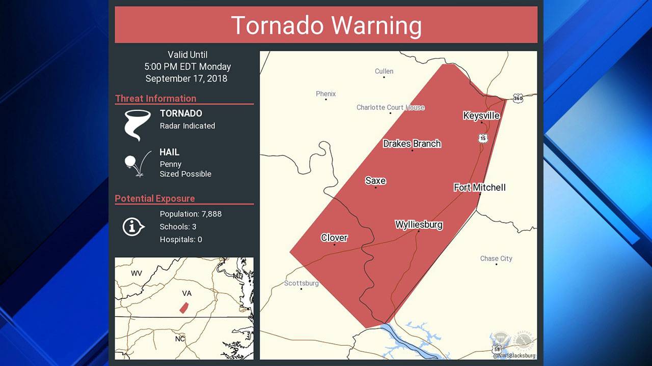 Tornado warning for Charlotte and Halifax counties until 5 p.m.